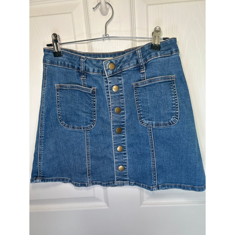 Altar'd State Denim Mini Skirt XS Blue Button Front High Rise Patch Pockets Boho